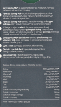 Tył opakowania Skrzypovita MEN, suplementu dla mężczyzn, z opisem składników i zastosowania w języku polskim.