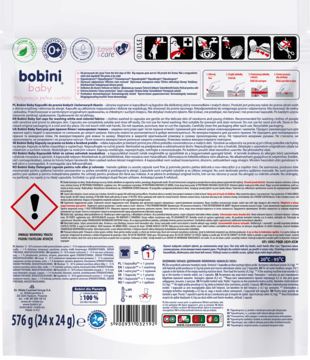 Tył bobini Baby kapsułek piorących 576g, biała torba z opisem: 3-komorowe, dermatologicznie przebadane dla niemowląt od 1. dnia.