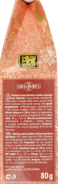 Tył opakowania herbaty Adalbert's Strawberry & Soursop, 80g, z listą składników i instrukcjami w jęz. polskim i ang.