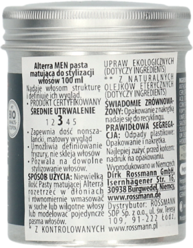 Tył srebrnego opakowania matującej pasty do włosów Alterra MEN 100 ml, z polskim opisem i logo BIO.