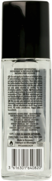 Tył dezodorantu bruno banani Magic Man 75ml, przezroczysta butelka, czarna nakrętka, etykieta ze składnikami i kodem.
