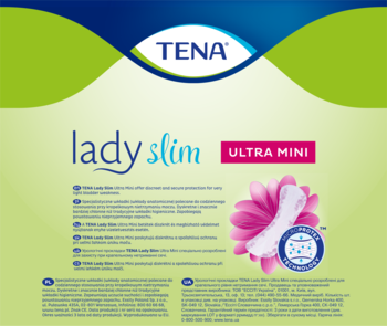 Opakowanie TENA lady slim Ultra Mini, jasnozielone, z grafiką różowego kwiatu i wkładki, idealne na nietrzymanie moczu.