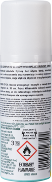 Biała puszka Batiste Original suchego szamponu, widok z tyłu z ostrzeżeniami i instrukcjami użycia.