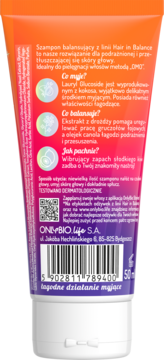 Tył pomarańczowo-różowego szamponu OnlyBio Hair in Balance, opis składu, zapach kiwi.