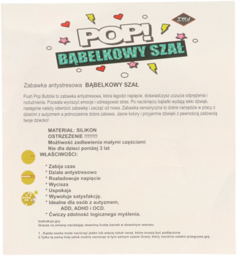 Ulotka reklamowa zabawki antystresowej Pop It Bąbelkowy Szał, z fioletowym kwadratowym wzorem i tekstem.