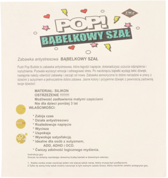 Kolorowy plakat zabawki antystresowej Pop! Bąbelkowy Szał, z tekstem opisującym jej właściwości sensoryczne.