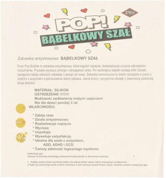 Ulotka antystresowej zabawki sensorycznej Pop! Bąbelkowy Szał z jej opisem i grafiką.
