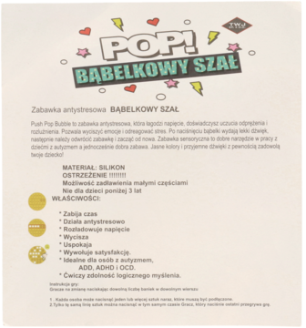 Opakowanie zabawki sensorycznej Pop! Bąbelkowy Szał, antystresowy fidget toy, z opisem cech i grafika.
