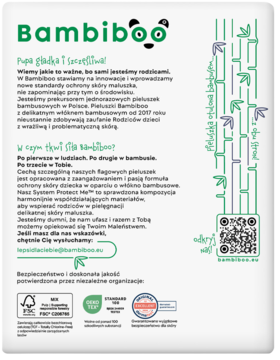 Tył opakowania pieluchomajtek Bambiboo. Widoczny opis produktu, zielone bambusy, certyfikaty FSC, OEKO-TEX.