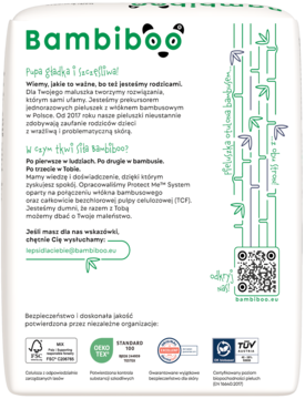 Bambiboo pieluchomajtki bambusowe XXL, tył białego opakowania z opisem, zieloną grafiką bambusa i certyfikatami.