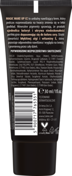 Tył czarnej tubki kremu Lirene Magic CC z białą etykietą. Widoczny opis produktu, kod kreskowy i pojemność 30ml.