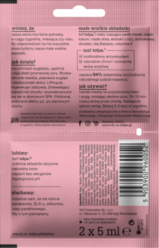 Różowy tył małej saszetki Tołpa z maską torfową 2x5ml, z opisem i listą składników.