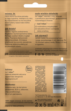 Tył beżowej saszetki maseczki tołpa z torfem 2x5ml, z opisem działania, składników i użycia produktu.