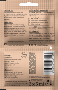 Tył beżowej saszetki maski Tołpa 2x5ml, z listą składników, kodem kreskowym i logo 100% vegan.