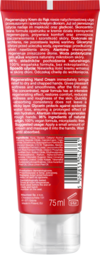 Tył tubki czerwonego Regenerującego Kremu do Rąk 75ml, widoczne składniki i kod kreskowy.