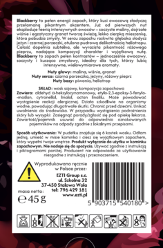 Tył opakowania wosku sojowego Blackberry z polskimi informacjami, składem, kodem kreskowym i masą netto 45g.