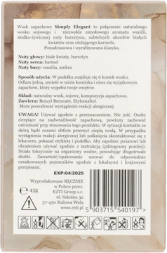 Tył opakowania wosku Simply Elegant: biała etykieta, czarny tekst o zapachu i składzie, widoczny kod kreskowy.