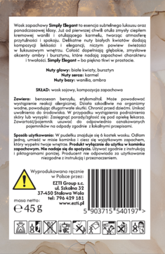 Tył etykiety wosku zapachowego Simply Elegant 45g, o nucie białych kwiatów i wanilii, z opisem i kodem.