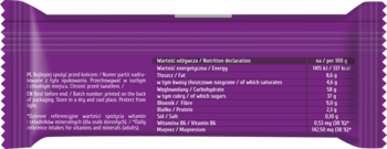 Tył fioletowego opakowania batona BeRAW Energy. Widoczna tabela wartości odżywczych i polski opis składu.