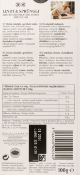 Tył opakowania czekolady Lindt & Sprüngli 100g, widoczna tabela wartości odżywczych, kod kreskowy i data ważności.