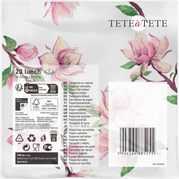 Tył opakowania serwetek TeteaTete, 20 sztuk, z kwiatami magnolii, widoczne symbole i kod kreskowy.