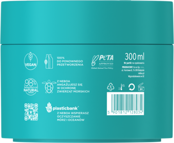 Turkusowe opakowanie maski Neboa 300ml, widok z tyłu, z ikonami VEGAN, PETA, 98% naturalnych składników.
