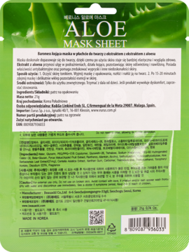 Tył opakowania zielono-białej maseczki Baroness Aloe Mask Sheet z listą składników i instrukcjami.
