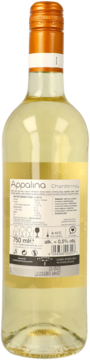 Tył butelki białego wina Appalina Chardonnay 750ml, etykieta z danymi odżywczymi i niską zawartością alkoholu.