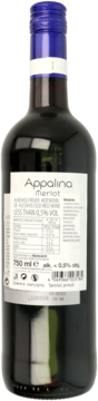 Tył butelki Appalina Merlot czerwonego wina bezalkoholowego, 750ml, z białą etykietą i niebieską zakrętką.