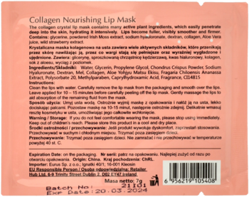 Tył różowej saszetki Collagen Nourishing Lip Mask, widoczne opisy, składniki, instrukcje i kod kreskowy.