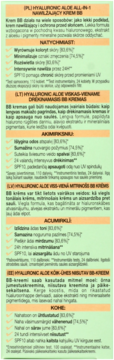 Zbliżenie na zielono-pomarańczową etykietę kremu BB Hyaluronic Aloe, widoczny opis i zalety w kilku językach.