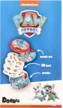 Niebieskie opakowanie Dobble Paw Patrol z otwartą puszką, okrągłymi kartami i postaciami Everest i Rocky.