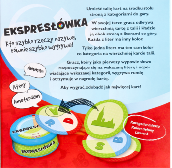 Gra EKSPRESŁÓWKA z kolorowymi żetonami, pudełkiem i instrukcją, widok z góry. Szybka gra słowna.