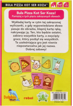 Tył opakowania gry Buła Pizza Kot Ser Koza. Opis gry, kolorowe karty: bułka, pizza, kot, ser, koza, jednorożec.