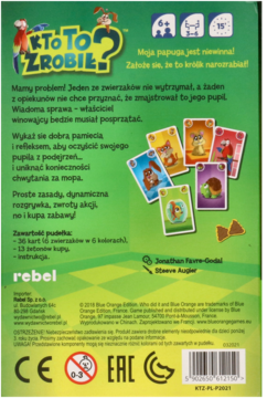 Tył zielonego opakowania gry karcianej Kto To Zrobił? z tekstem, ilustracjami zwierząt i kartami, logo Rebel.