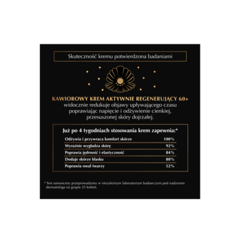 Promocyjna grafika kawiorowego kremu 60+ na ciemnym tle, złota perła, tekst o regeneracji i skuteczności.