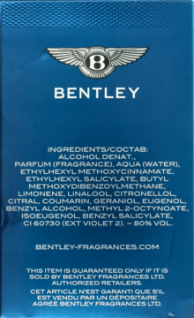 Tył niebieskiego opakowania wody perfumowanej Bentley Azure, z listą składników i srebrnym logo Bentley.