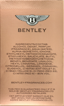Tył kartonowego opakowania perfum Bentley for Men Intense, w kolorze różowego złota, z listą składników.