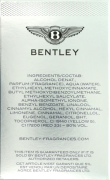Tył srebrnego opakowania wody toaletowej Bentley z logo, widoczny skład chemiczny i informacje o producencie.