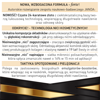 Ulotka kremu JANDA Forte: 24k złoto i nici kosmetyczne. Rekonstrukcja, nawilżenie, redukcja zmarszczek.