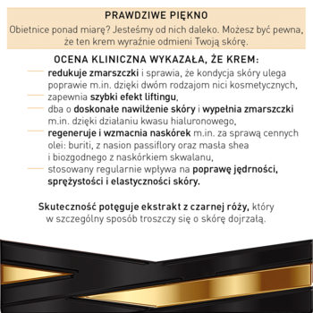 Reklama kremu na dzień dobry forte. Tekst o redukcji zmarszczek i nawilżaniu, białe tło, czarno-złoty dół.