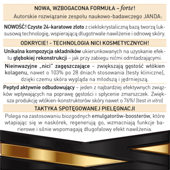 Zbliżenie na czarno-złotą etykietę kremu JANDA Forte z opisem formuły: 24k złoto, nici kolagenowe.