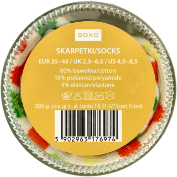 Top view: SOXO colorful cotton blend socks in glass jar, yellow label displays size EUR 35-40 & material.