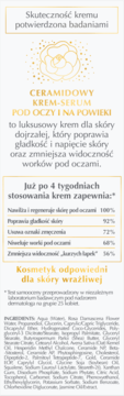 Biała etykieta serum-kremu Dermika Luxury Ceramides pod oczy, z listą efektów ujędrniających i złotą kamelią.