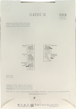 Tył opakowania rajstop Marilyn Classic 15 DEN, białe, z infografikami cech produktu i tabelą rozmiarów.