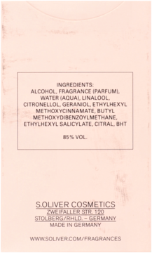 Tył jasnoróżowego opakowania perfum S.Oliver Pure Sense, z widoczną czarną listą składników i adresem producenta.