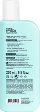 Szampon REFILL MY HAIR do włosów suchych i zniszczonych, tył błękitnej butelki z opisem i składem.