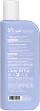 Tył fioletowego szamponu Keep My Blonde Anti-Yellow dla blondynek, 250ml, z białym korkiem, widoczne opisy.