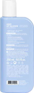 Tył niebieskiego szamponu tonującego KEEP MY BLONDE 250ml, z informacjami, składem, kodem kreskowym.