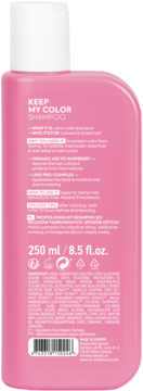Różowa butelka szamponu Keep My Color 250ml, widok z tyłu prezentujący szczegóły produktu i listę składników.